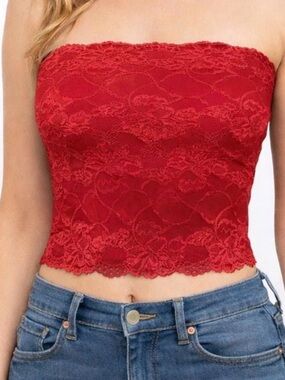 Red Lace Strapless Crop Top - Women's Tube Lace Camisole